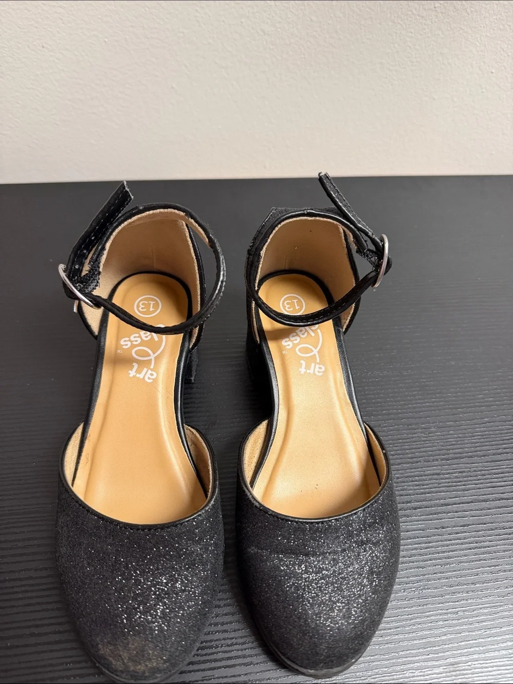 Little Girl Classic Black Glitter Ankle Strap Block Heel Shoes SZ 13
